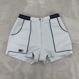 VTG 80s Yamaha Sports Tennis Shorts Womens L Blue Stain Pinstripe Performance